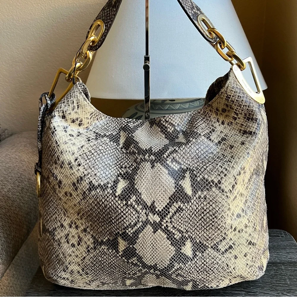 Michael Kors Ines Snake Print Leather Metal Chain Hobo Retail $498